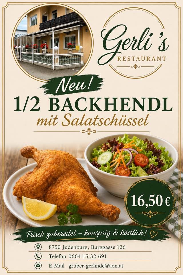 Neu: ½ Backhendl mit frischer Salatschüssel – knusprig gebacken, € 16,50