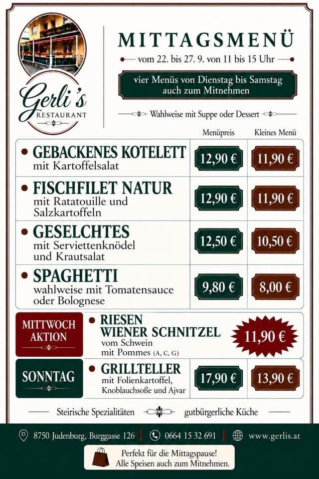 Aktuelles Wochenmenü von Gerli's Restaurant